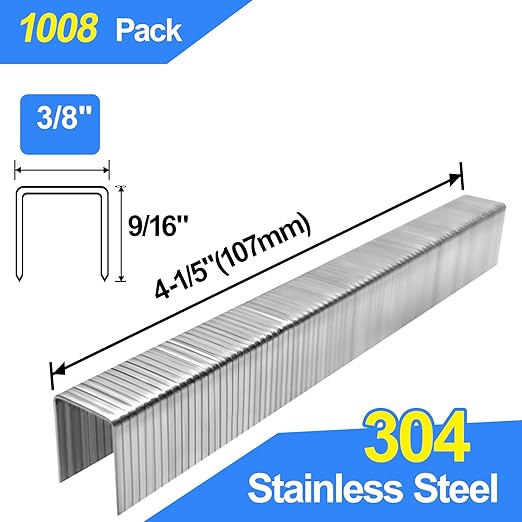 20 Gauge 304 Stainless Steel T/50 Staples - 3/8" Crown Upholstery Staples, 1/4"~9/16" Leg Length, 1008 Counts, Compatible with Staple Gun & T-50 Stapler (9/16"-1008 pcs)