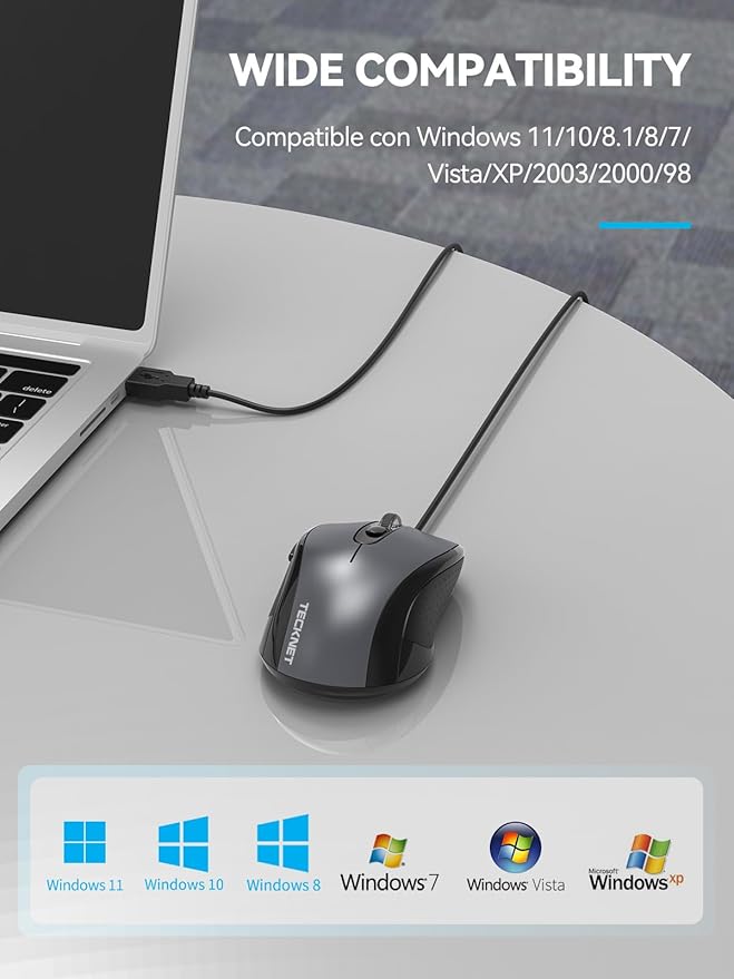 TECKNET Wired Mouse, USB Mouse for Laptop with 6-Button, 3600DPI Optical PC Wired Mice, Home and Office 5FT USB-A Corded Comfortable Mice, Plug & Play (Light Grey)