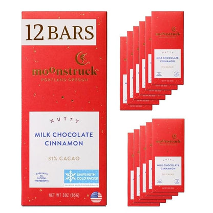 Moonstruck Chocolate Milk Chocolate Bar with Cinnamon Vanilla and Almond, 31% Cacao, 3.0oz (Pack of 12)