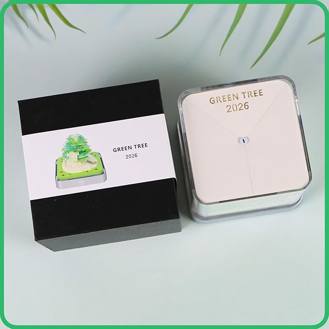 3D Memo Pad 2026 Time Piece Calendar Desk Calendar Tear Away Notepad with Lights DIY Art Carving Sticky Notes Artwork Gift for Thanksgiving Christmas Office Desktop Decoration-Green Treehouse