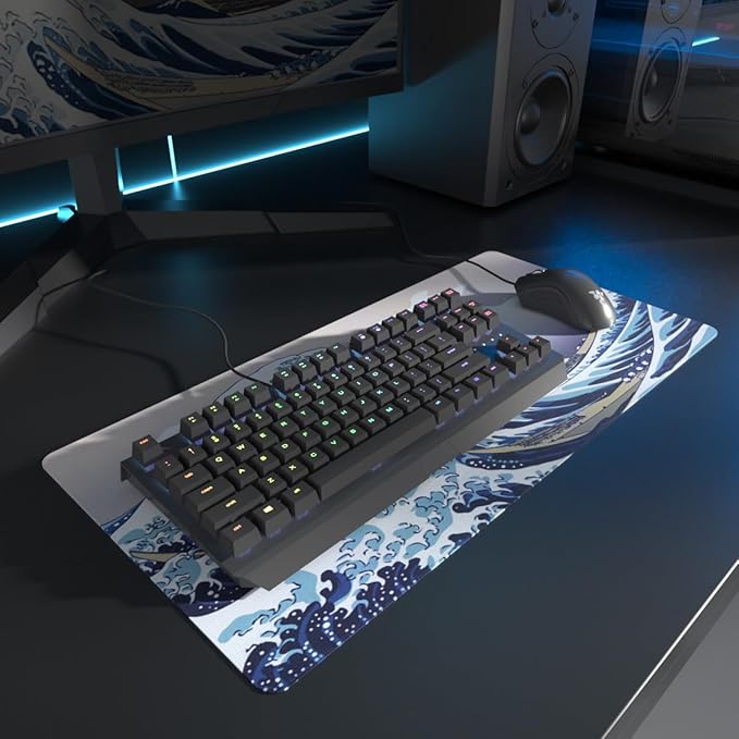 Large Japanese Sea Wave Mouse Pad, Blue Anime Desk Mat,Extended Non-Slip Keyboard Mouse Pad Kanagawa Office Desk Pad 23.6" x 11.8" Gaming Mouse Pad Desktop Protector for Office and Home