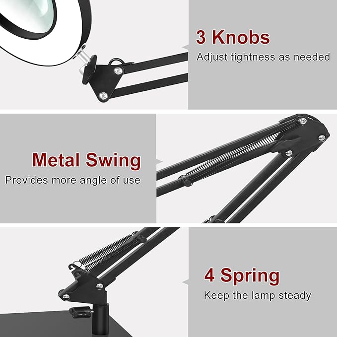 12X Magnifying Glass with Light and Clamp, Real Glass Stand Lighted Magnifier, 5 Color Modes Stepless Dimmable LED Desk Lamp Hands Free for Crafts Hobby Reading Painting Sewing Close Work
