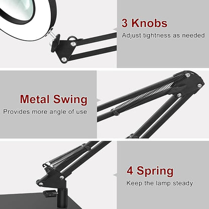 12X Magnifying Glass with Light and Clamp, Real Glass Stand Lighted Magnifier, 5 Color Modes Stepless Dimmable LED Desk Lamp Hands Free for Crafts Hobby Reading Painting Sewing Close Work