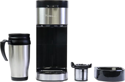 Kenmore Single Serve Coffee Maker With Stainless Steel Travel Mug, Capsule/Pod & Ground Coffee Brewing, K Cup Compatible, Hot & Iced Coffee Machine, 6 to 14 Oz Brew Sizes, Auto Shut-Off, Black