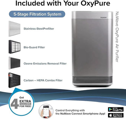Nuwave OxyPure Ultra Clean Air Purifiers for Extra Large Room, Office, 5 Stage Filtration System with 4 Extra True HEPA Filters, Remove up to 100% of Dust, Pet Hair, Odors, Pollen, VOCs, Smart Wifi