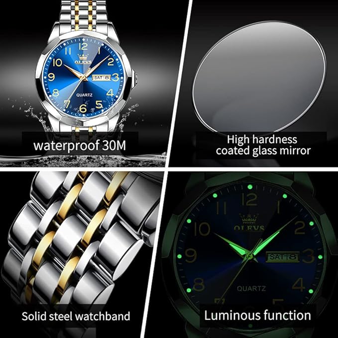 OLEVS Watch for Men Luxury Dress Analog Quartz Stainless Steel Waterproof Luminous Date Diamond Business Two Tone Casual Wrist Watch