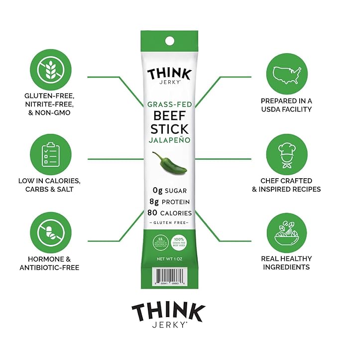 Think Jerky, Jalapeno Grass-Fed Beef Sticks 1 Ounce (Pack of 5) - Sugar Free, Gluten Free, No Nitrates, Keto Friendly, Paleo, High Protein, Low Carb