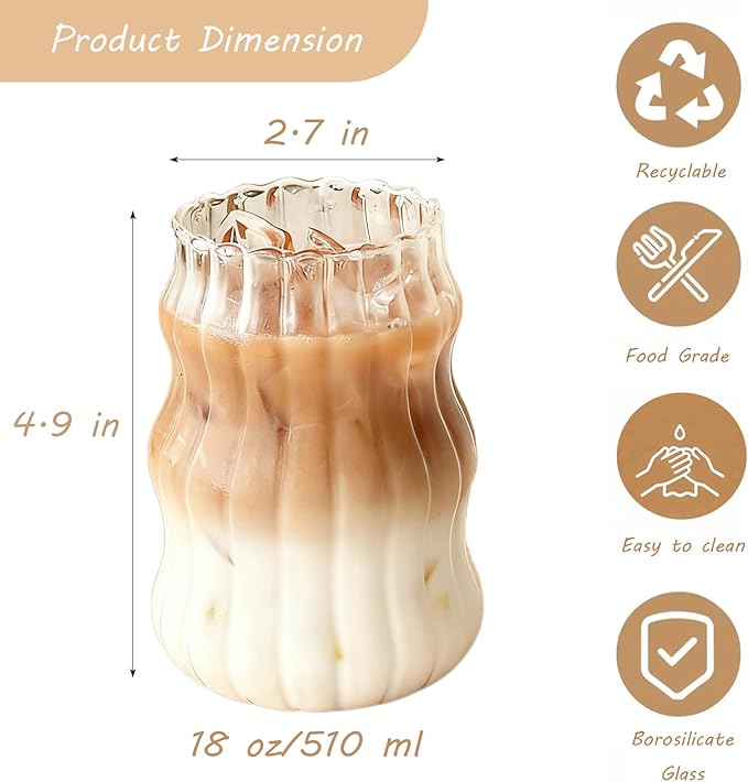2 Pcs Ribbed Glass Cups, 18 oz Aesthetic Drinking Glasses for Coffee, Iced Drinks, Matcha - Wavy Design Glassware