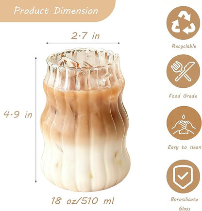 2 Pcs Ribbed Glass Cups, 18 oz Aesthetic Drinking Glasses for Coffee, Iced Drinks, Matcha - Wavy Design Glassware
