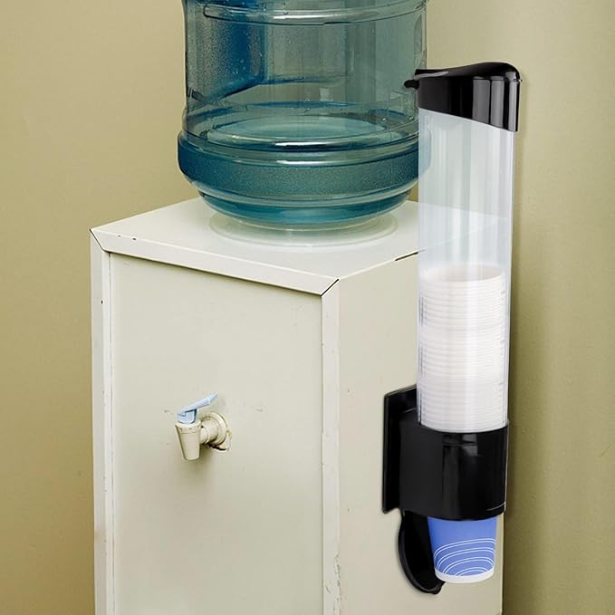 Cup Dispenser, Water Cooler Pull Type Cup Holder Fits 5oz - 7oz Cone or Flat Bottom Cups, Paste or Screw Plate Wall Mount, 15" Tube Length Black