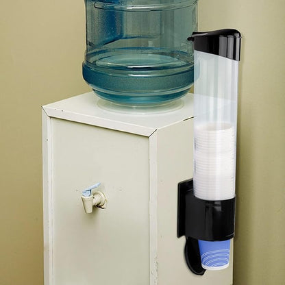 Cup Dispenser, Water Cooler Pull Type Cup Holder Fits 5oz - 7oz Cone or Flat Bottom Cups, Paste or Screw Plate Wall Mount, 15" Tube Length Black