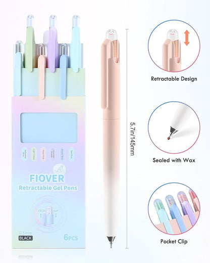 FIOVER Gel Pens, 6 Pack 0.5mm Drift Bottle Retractable Fine Point Smooth Writing Black Ink Pens, Quick Dry No Smear, Aesthetics Cute Office School Supplies Gifts for Women (6PCS Black Ink)
