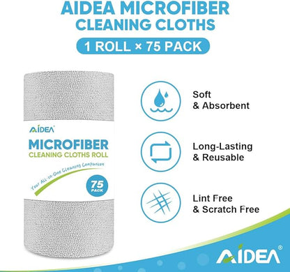 AIDEA Microfiber Cleaning Cloth Roll, Grey 75PK, Reusable Paper Towels Tear Away Cloth, Microfiber Towels for Cars, Wash Cloths, Lint Free Rags for House, Kitchen,Window,Cleaning Supplies 11.5"×11.5"