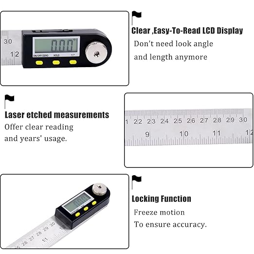 Delgada 12 inch/300mm Digital Angle Finder Tool Stainless Steel Digita Protractor Angle Ruler Finder Tool for Woodworking with Zeroing and Locking Function Battery