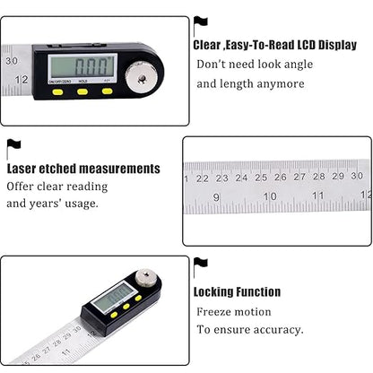 Delgada 12 inch/300mm Digital Angle Finder Tool Stainless Steel Digita Protractor Angle Ruler Finder Tool for Woodworking with Zeroing and Locking Function Battery