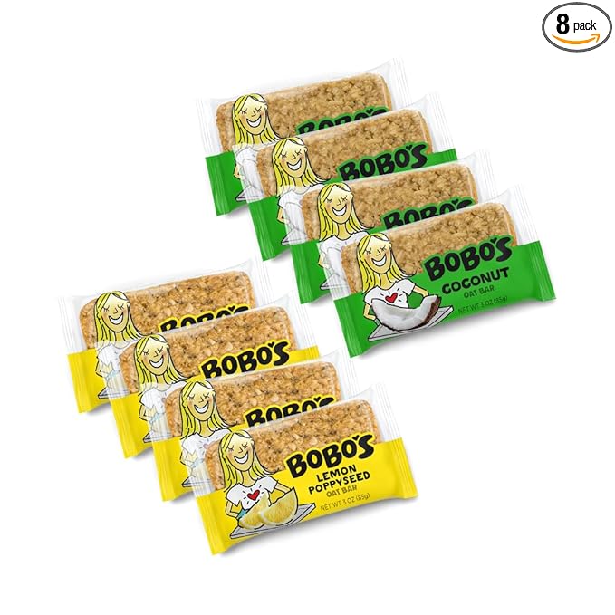 Bobo's Oat Bar Fruit Flavored Multipack, 4 Lemon Poppyseed and 4 Coconut, Great Tasting Healthy Snacks for the Whole Family (8, Fruit Multi)