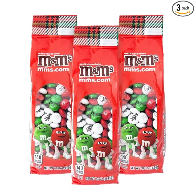 M&M'S WORLD Christmas Candy Gift Bags, 3-pack for Gifts, Holiday Candy Bowls, Party Décor, and Stocking Stuffers