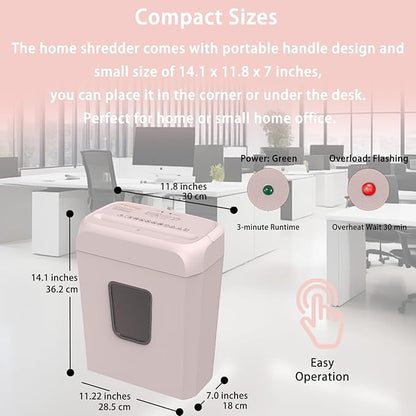 Bonsaii 5-Sheet Crosscut Shredder for Home & Office, Shreds Paper, Credit Cards, Staples & Paper Clips, 3.4-Gallon Pullout Bin, Compact & Stylish in Pink