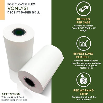 Thermal Paper Roll for Clover Flex Receipt Paper 2 1/4 x 55 (40 rolls)