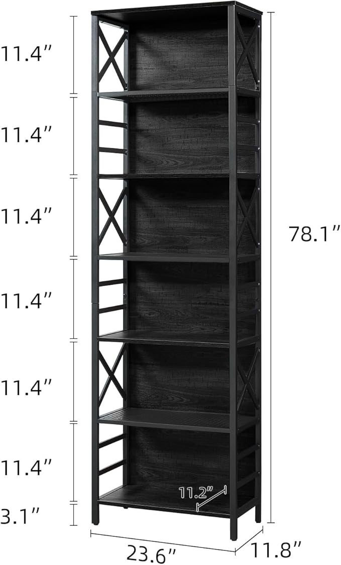 HOMBAZAAR 7 Tier Bookshelf, 78 Inch Tall Rustic Bookshelf with Metal Frame, Industrial Heavy Duty Bookshelves and Bookcases, Open Book Shelf for Office, Living Room and Library, Black