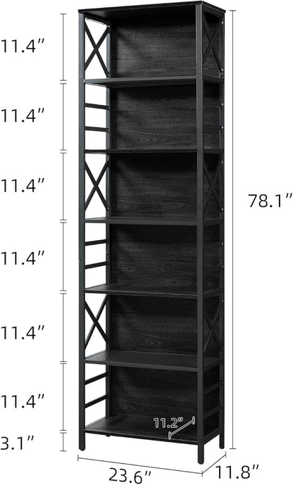 HOMBAZAAR 7 Tier Bookshelf, 78 Inch Tall Rustic Bookshelf with Metal Frame, Industrial Heavy Duty Bookshelves and Bookcases, Open Book Shelf for Office, Living Room and Library, Black