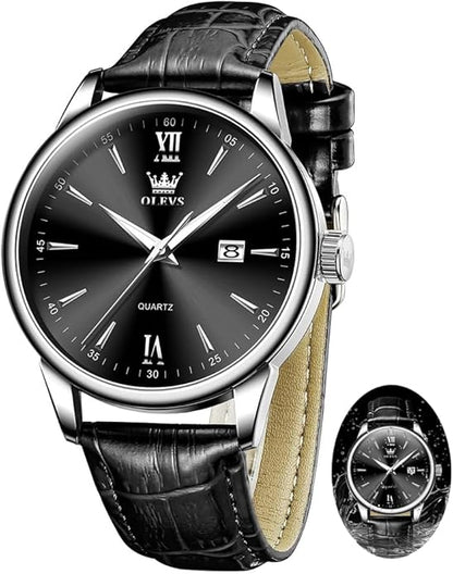 OLEVS Mens Watches Vintage Leather Band Dress Classic Easy Reader Arabic Numerals Analog Quartz Waterproof Date and Day Blue/Black/White Large Face Men's Wrist Watches