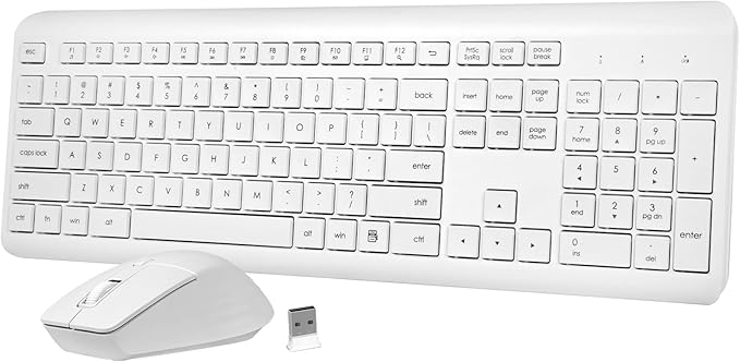 Wireless Keyboard and Mouse Combo, 2.4G Lag-Free Full Size Computer Keyboard and Ergonomic Adjustable DPI Silent Contoured Optical Mouse, Long Battery Life for PC, Windows, MAC Laptop (White)