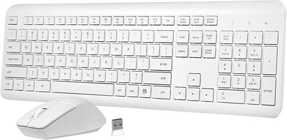 Wireless Keyboard and Mouse Combo, 2.4G Lag-Free Full Size Computer Keyboard and Ergonomic Adjustable DPI Silent Contoured Optical Mouse, Long Battery Life for PC, Windows, MAC Laptop (White)