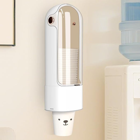 Cup Dispenser, Disposable Cup Holder for 5-7 oz Paper Cups and Plastic Cups, Wall Mount Water Cooler Cup Holder for Bathroom Office Home Gym, Pull Type Water Cup Dispenser with Clear Window - White