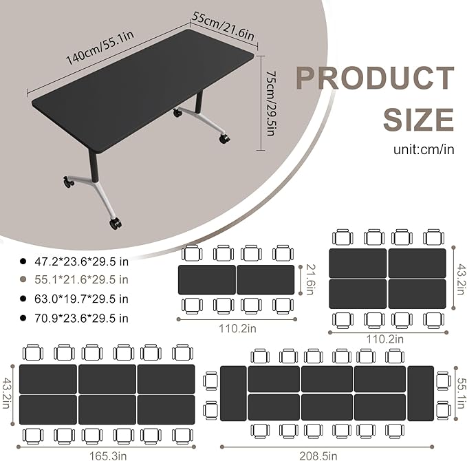 Folding Conference Table, Rectangular Conference Room Tables, Mobile Modular Training Table, Solid Steel Frame,Thickened Panel,for Offices,Meeting Room,Offices andSchools (8, Black, 55in)