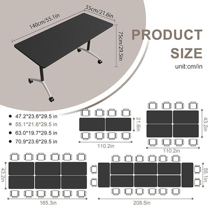 Folding Conference Table, Rectangular Conference Room Tables, Mobile Modular Training Table, Solid Steel Frame,Thickened Panel,for Offices,Meeting Room,Offices andSchools (8, Black, 55in)