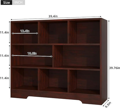 Book Shelf Set of 2, 8 Cubes Storage Organizer, 3-Tier Open Shelf Wooden Bookcase, Freestanding Cherry Bookshelf Cube Shelf for Bedroom, Living Room, Home Office