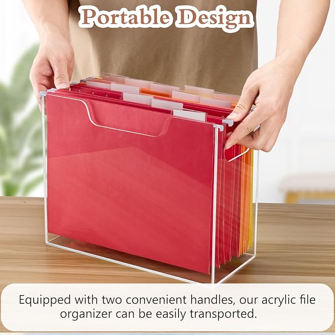 Acrylic File Folder Organizer, Clear Hanging File Organizer Portable File Holder with Handles, Desktop Letter Size File Box for Desk Home Office School -1 Pack
