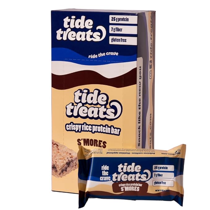 25g Protein Bar Crispy Rice Treat S'mores | Clean Ingredients, No Added Sugar, 7g Fiber, Gluten Free | High Protein Snack for On-the-Go, Post-Workout or Dessert Cravings | 8 Count | Tidetreats