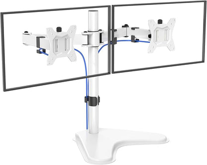 HUANUO 32 inches Dual Monitor Stand up to 17.6lbs, High-Grade Aluminum Free-Standing Dual Monitors Mount for 2 Screens. Fully Adjustable Dual Monitor Stand for Desk with Tilt, Swivel, Rotation, White