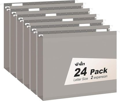 ViVin Hanging File Folders, 1/5-Cut Adjustable Tabs with 24 Per Box, 2 Inch Expansion, 24 Pack Letter Size Hanging File Folders, Designed for Office Home School Filing Cabinet(Gray)
