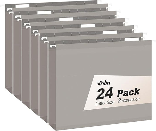 ViVin Hanging File Folders, 1/5-Cut Adjustable Tabs with 24 Per Box, 2 Inch Expansion, 24 Pack Letter Size Hanging File Folders, Designed for Office Home School Filing Cabinet(Gray)