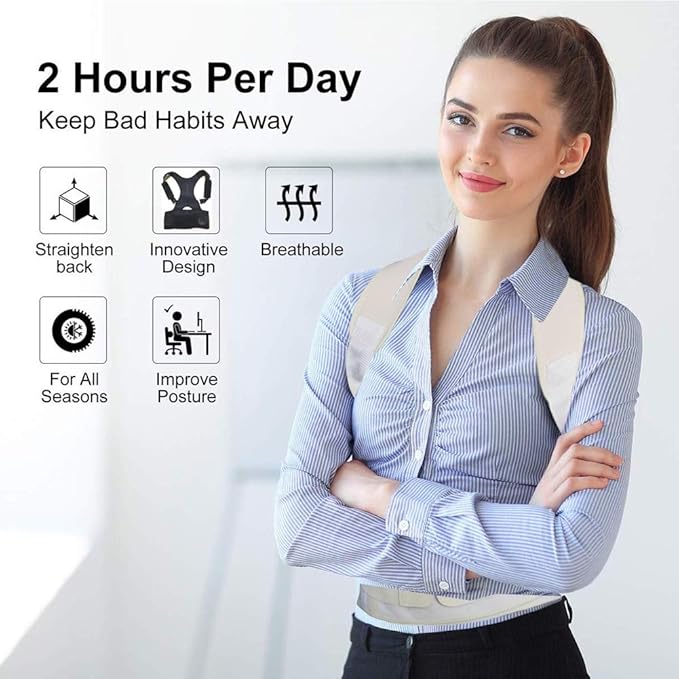 Thoracic Back Brace Posture Corrector - Magnetic Support for Neck Shoulder Upper and Lower Back Pain Relief - Perfect Posture Brace for Cervical Lumbar Spine - Fully Adjustable Belt (Beige, Medium)