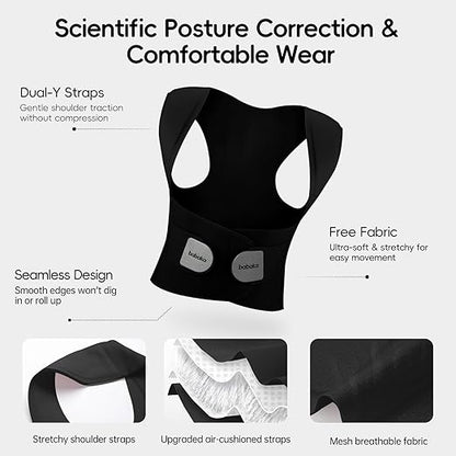 babaka Posture Corrector for Women, Invisible Lightweight Adjustable Back Brace for Upper and Lower Back Pain Relief, Hunchback, Hump, Scoliosis, Thoracic, Spine Corrector Under Clothes (Black, Large, Waist: 35''-42'')