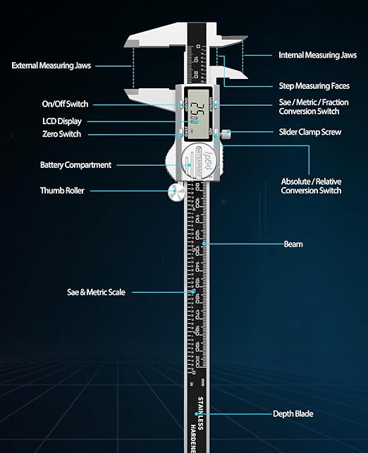 Housolution Digital Caliper, (ABS) Absolute Scale Caliper 8in, IP54 Electronic Measuring Tool, Inch/MM/Fraction, Auto-Off LCD Stainless Steel Waterproof Micrometer Vernier Caliper, with Feeler Gauges