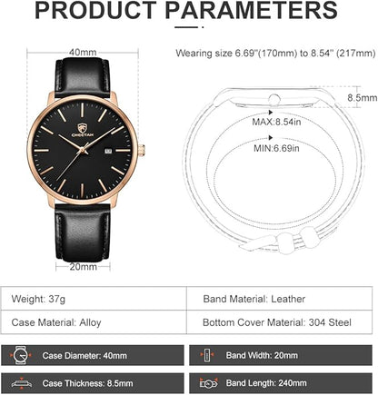 CHEETAH Minimalist Waterproof Quartz Watches for Men with Leather Strap, Auto Date