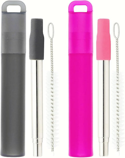 NAIVELY-Metal Reusable Straws, 2 Pack Collapsible Portable Stainless Steel Straws, with Plastic Housing Silicone Tips and Cleaning Brush, Retractable Portable Pocket Drinking Straws
