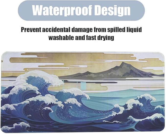Large Sea Wave Mouse Pad, Blue Anime Desk Mat,Extended Non-Slip Keyboard Mousepad Office Desk Pad 23.6" x 11.8" Gaming Mouse Pads Desktop Protector for Office and Home
