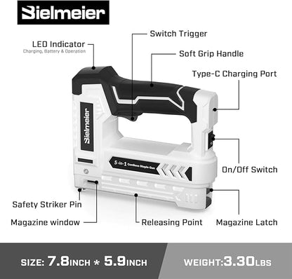 Bielmeier Electric Staple Gun 5 in 1 Band Nailer, 4V Rechargeable Cordless Stapler, Pin Nail Gun Battery Powered with 1,950 Staples and Nails, Power Wire Staple Gun for Home, Wood, Upholstery, DIY