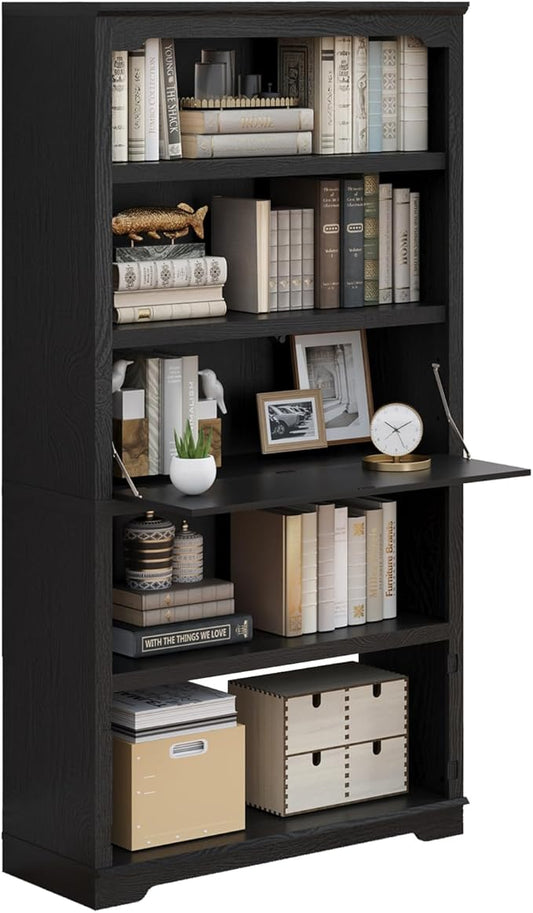HIFYOBRO 71 inch Tall Bookcase, 5-Tier Open Display Storage Shelf, with Flip-Down Door on 3rd Book Shelf, 37 inch Wide Freestanding Bookshelves for Home, Office, Library (Black)