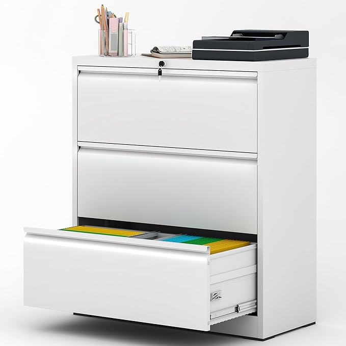 File Cabinet with Lock, 3 Drawer Lateral Filing Cabinet for Home Office, White Metal Heavy Duty File Cabinets for Hanging Letter/Legal/F4/A4 Size Files, Assembly Required