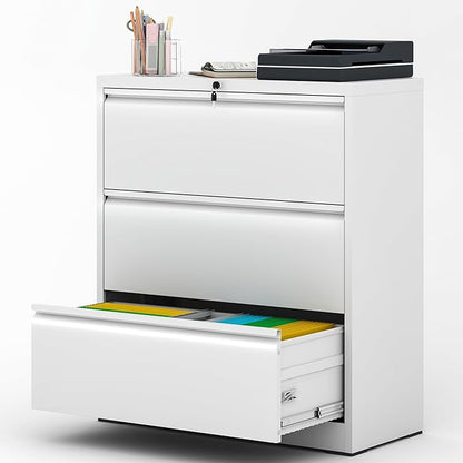 File Cabinet with Lock, 3 Drawer Lateral Filing Cabinet for Home Office, White Metal Heavy Duty File Cabinets for Hanging Letter/Legal/F4/A4 Size Files, Assembly Required