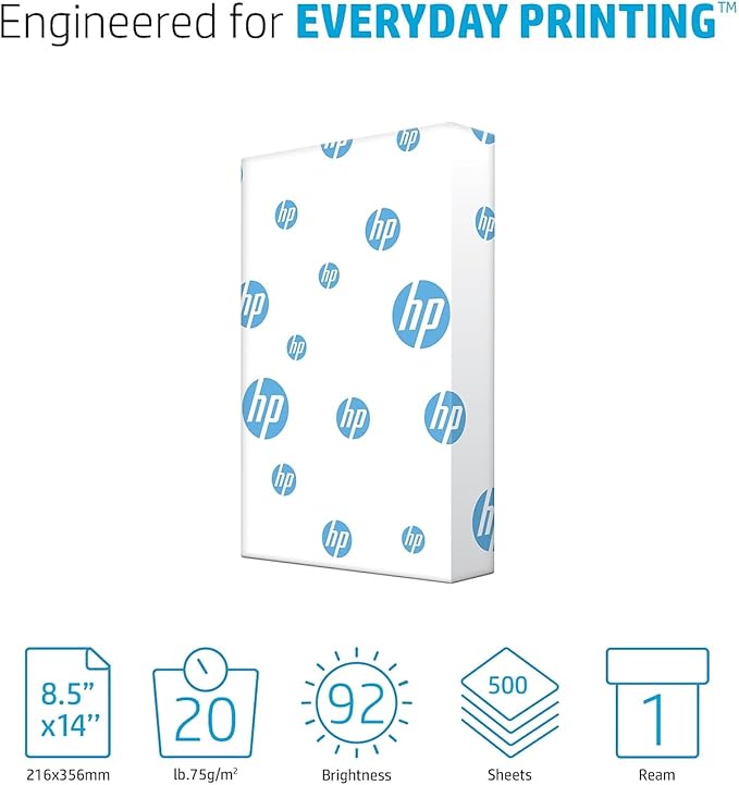 HP Papers | 8.5 x 14 Paper | Office 20 lb | 1 Ream - 500 Sheets | 92 Bright | Made in USA - FSC Certified | 001422R