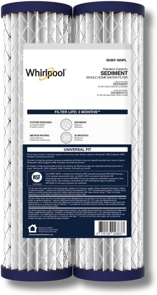 Whirlpool 2.5"x10" Sediment Water Filter Replacement Cartridge WHKF_WHPL, NSF Certified 30-Micron Rating Protects Home Appliances, Fits Whole House Filtration Housings WHKF-DWHV and WHKF-DWH, 2-Pack