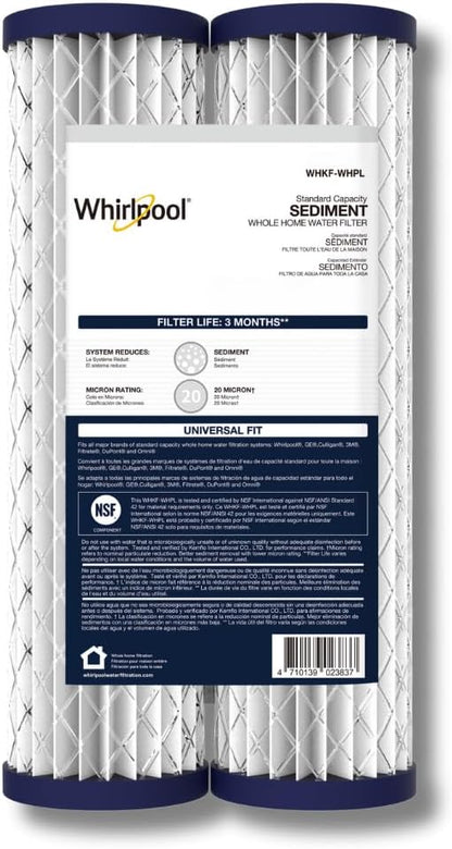 Whirlpool 2.5"x10" Sediment Water Filter Replacement Cartridge WHKF_WHPL, NSF Certified 30-Micron Rating Protects Home Appliances, Fits Whole House Filtration Housings WHKF-DWHV and WHKF-DWH, 2-Pack